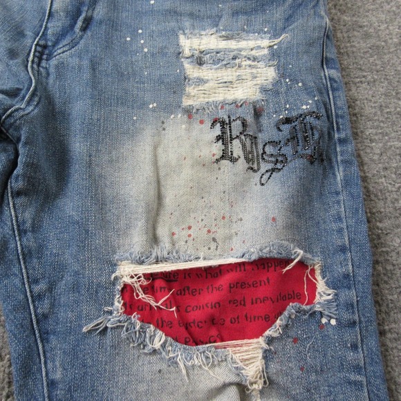 Smoke Rise Shorts Mens 40 Blue Distressed Patchwork Paint Splatter Denim Frayed - Picture 7 of 13